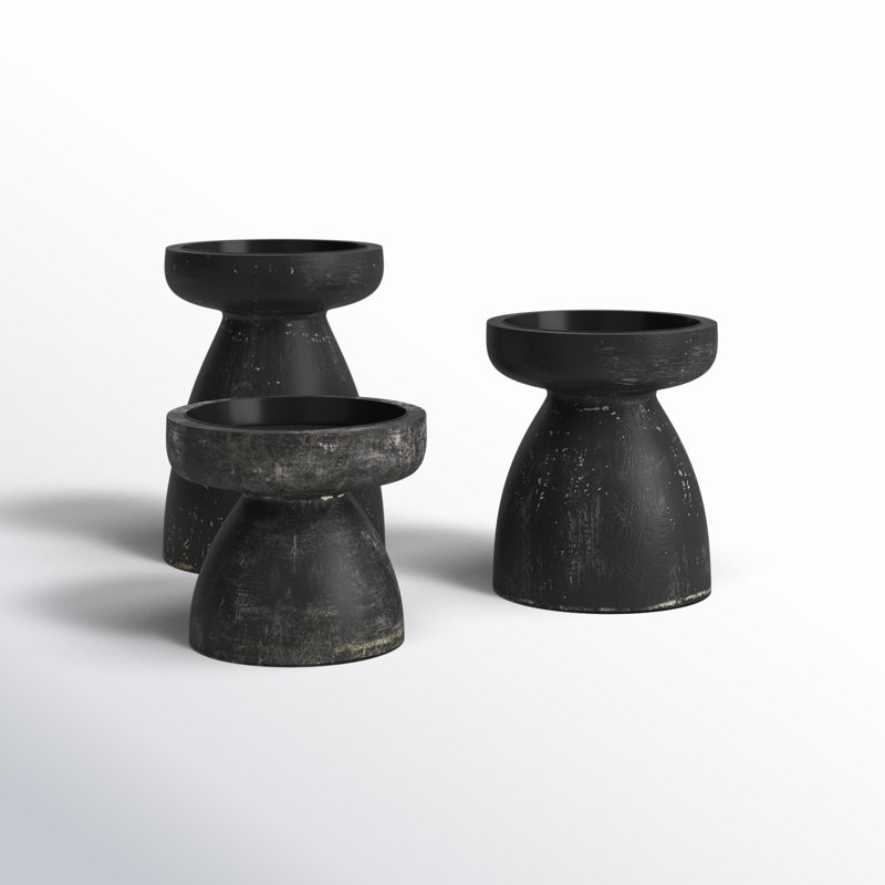 Distressed Black Wooden 3-Piece Candle Holder Set