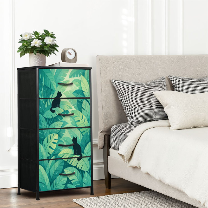 Commode 4 tiroirs pour chambre à coucher, commode étroite, plateau en bois et structure en fer 18 po x 37,5 po (lxH) - avec des chats noirs assis parmi des feuilles vertes tropicales