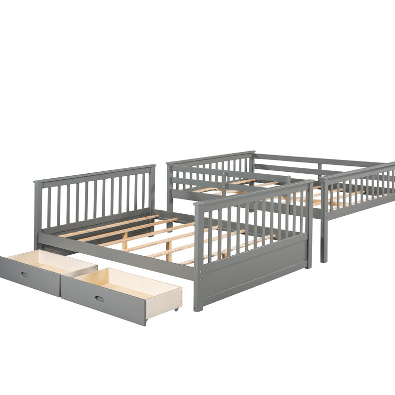 Lit superposé avec échelles et deux tiroirs de rangement en gris, espace polyvalent pour les familles et escalade fiable