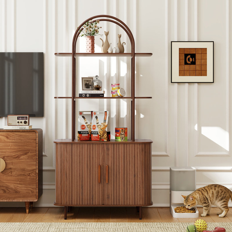 Enceinte de litière avec tablettes et portes coulissantes, maisonnette pour chat avec rangement, Walnut