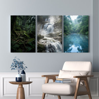 Tropical Waterfall Forest Landscape Canvas Wrapped Wall Art Oil Painting Print Set Of 3