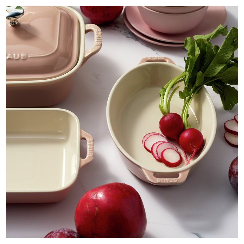 Staub Ceramic 4-Pc Baking Pans Set, Casserole Dish With Lid, Brownie Pan, Citron, Light Pink
