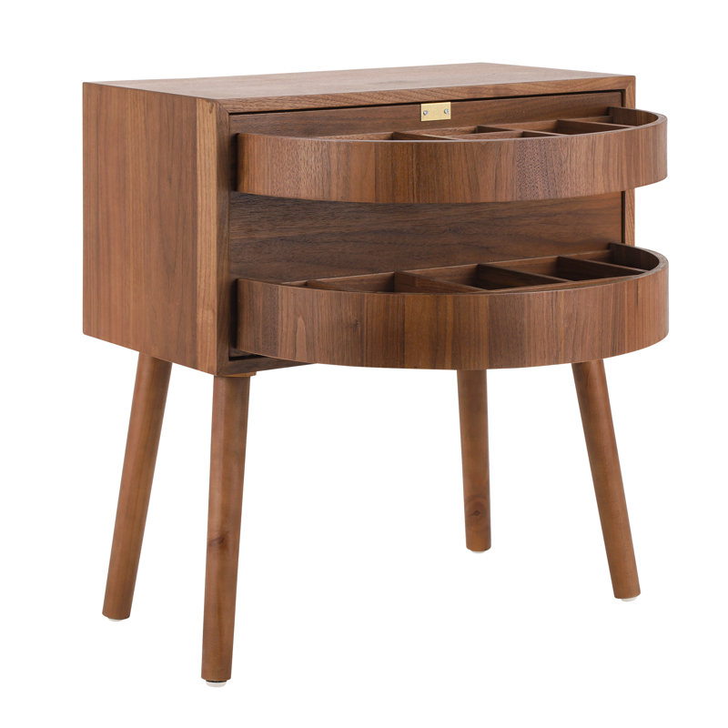 Furnary Mid-Century Modern Wood Nightstand With Hidden Compartments And Rattan Detailing, Walnut, Set of 2