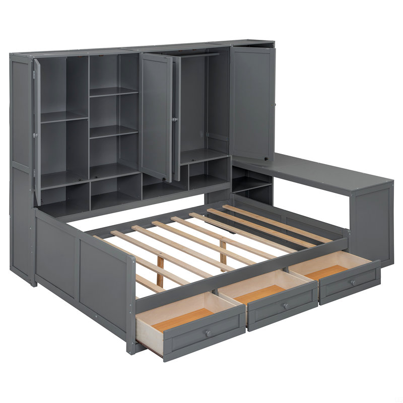 Twin Size Wooden Daybed With Three Drawers, And All-In-One Cabinet, Desk And Shelves, Gray, Twin