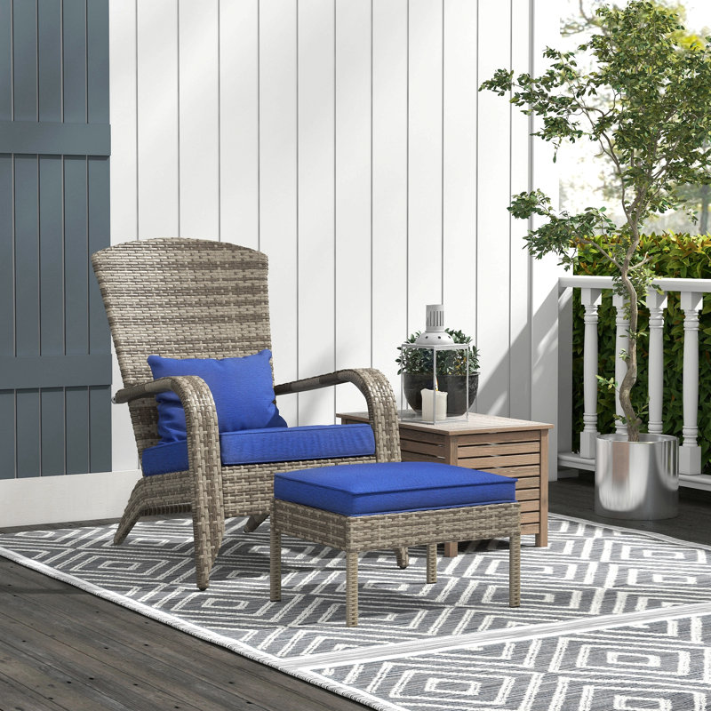 Outsunny Patio Wicker Adirondack Chair With Ottoman, Outdoor Fire Pit Chair With Cushions, High-Back, Large Seat & Armrests For Deck, Garden & Backyard