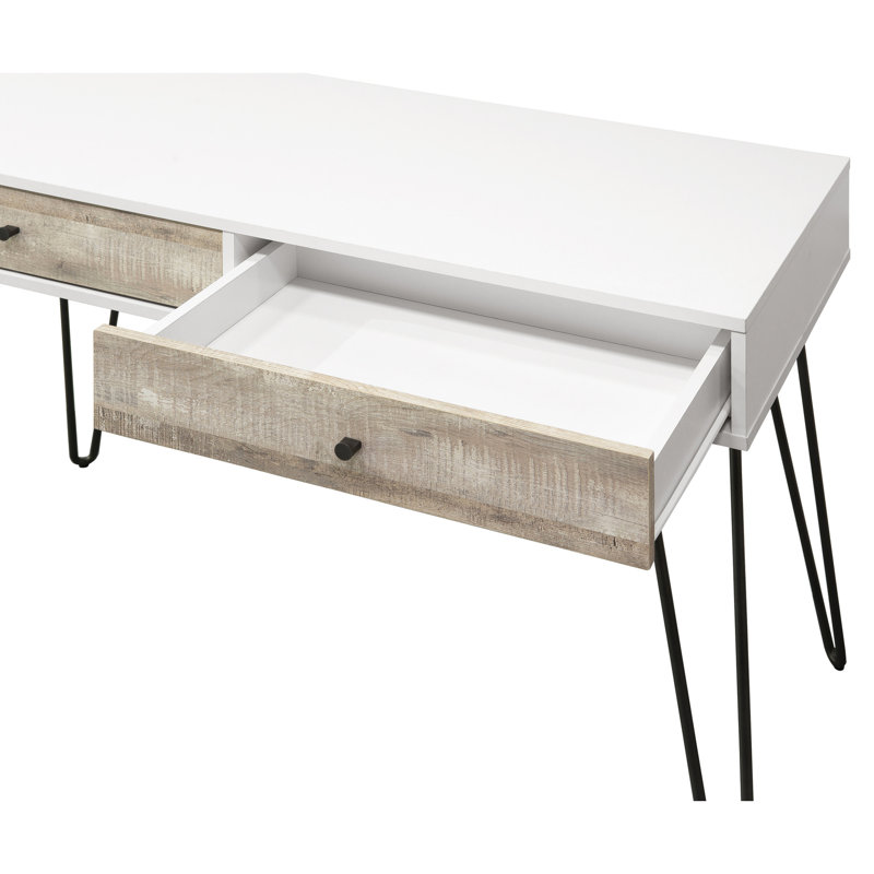 Bureau d'écriture en chêne taupe avec 2 tiroirs de rangement et garniture en métal