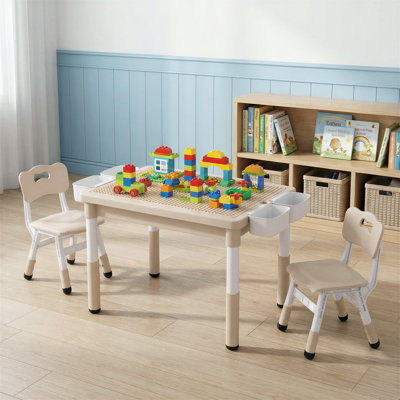 Kids Table and 2 Chairs Set, Height Adjustable Toddler Activity Lego Table with Large Storage & Double-Sided Graffiti/Block Building Tabletop, 4 Drawers for Home, Preschool, Classroom(beige)