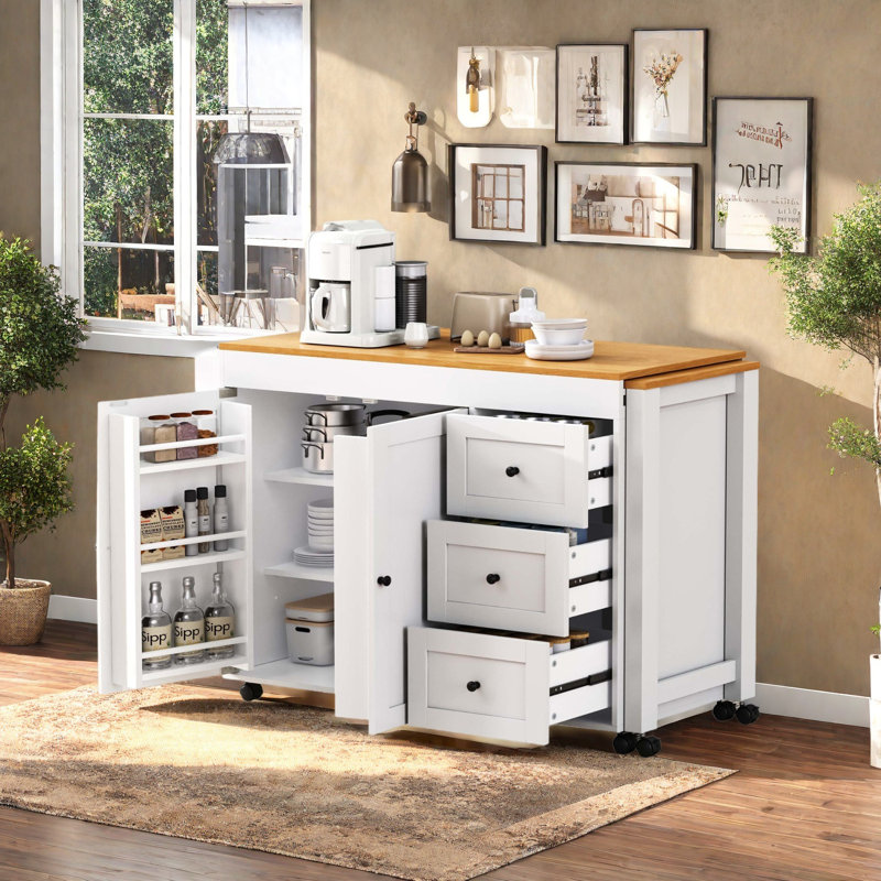 74.8" Kitchen Island with Extendable Dining Table and Storage, White