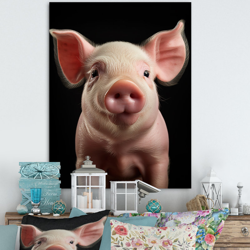 Cochon rose curieux sur toile, H 40 po x l 30 po x P 1,5 po, Toile tendue