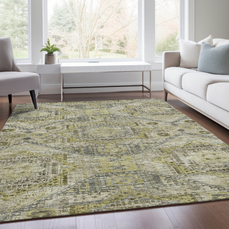Machine Washable Indoor/Outdoor Xhevrie Khaki Rug, Rectangle 3' x 5'