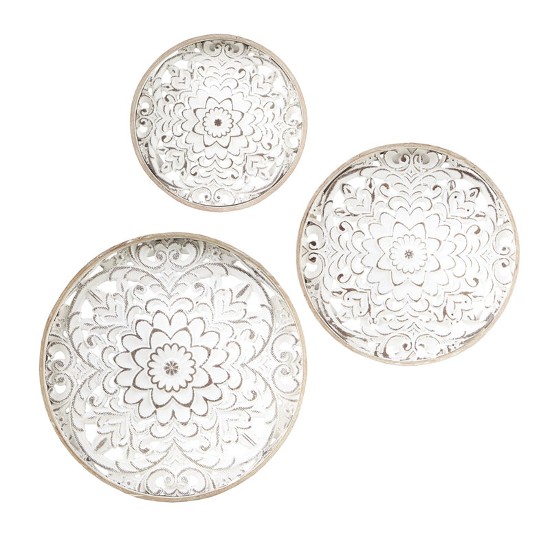 White Floral Wall Hanging - 3 Distressed Wood, Natural+White, 13.75", 11.75", 9.75" , Indoor, Charming Style, Sawtooth Attachment Wood Decoration Medallion , Indoor Use, Vintage Inspired Design,
