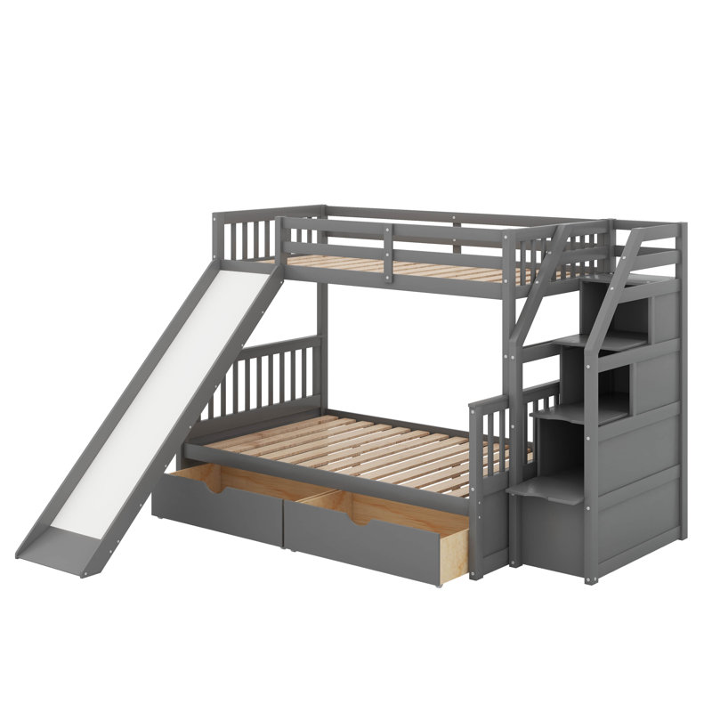Twin Over Full Bunk Bed With Drawers, Gray