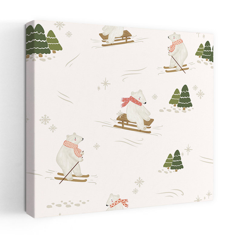 Cute Winter Bears Playful Abstract Contemporary Pine Tree Bear Winter Landscape Wall Art Print by Nikita Jariwala - Wrapped Canvas Print