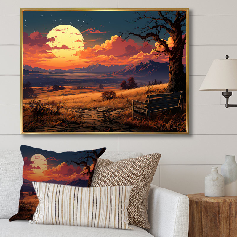 Coucher de soleil silhouette, H 30 po x l 40 po x P 1,5 po, Cadre flottant doré
