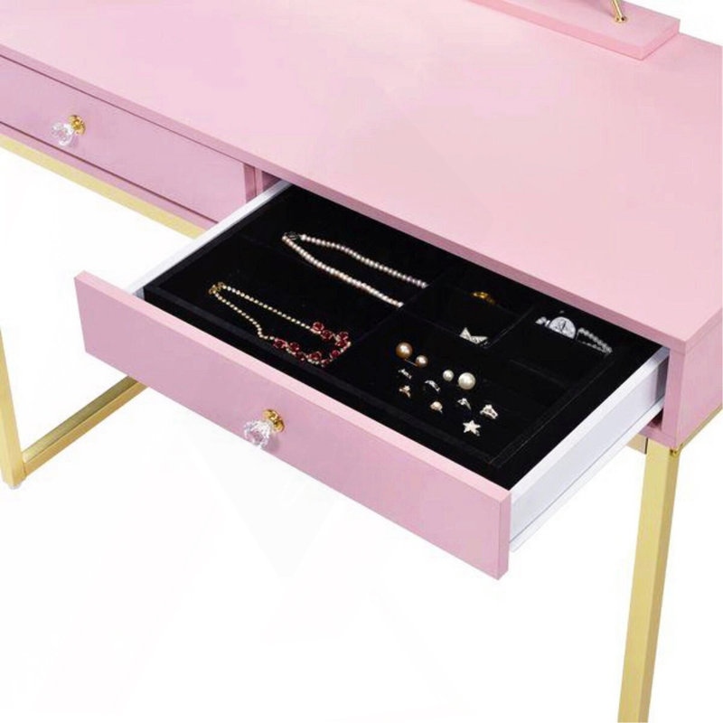 Bureau de coiffeuse 2 tiroirs avec miroir et plateau à bijoux, rose et or