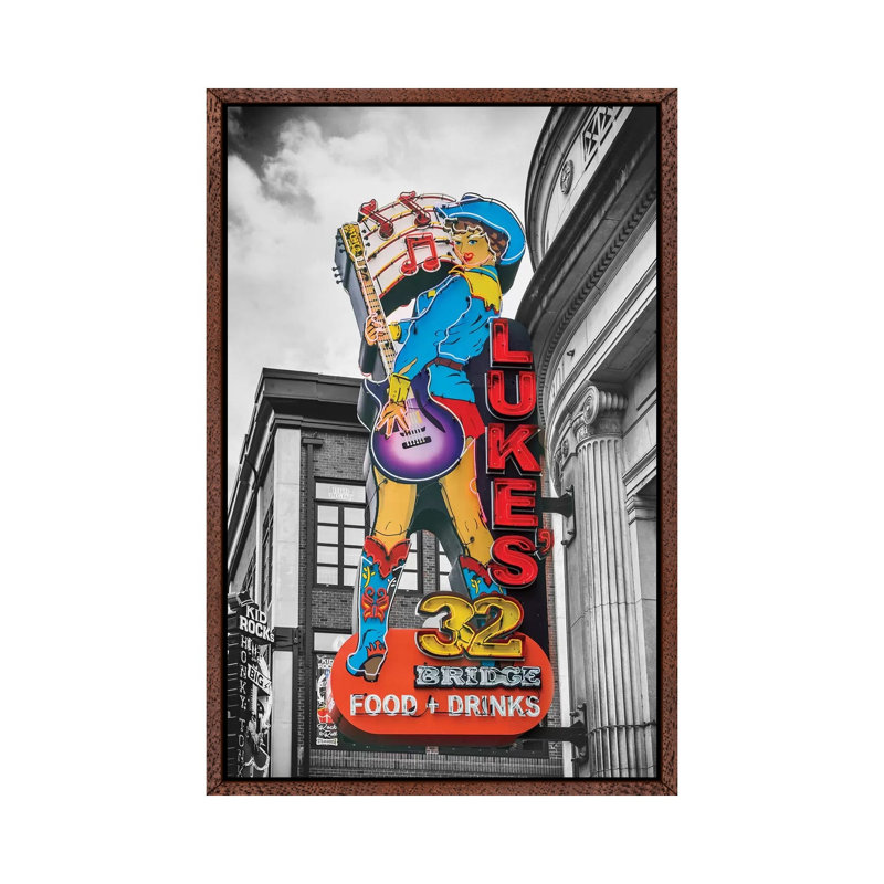Nashville Lukes Neon Sign by Susanne Kremer - Print on Canvas, Classic Brown Wood Floater Framed