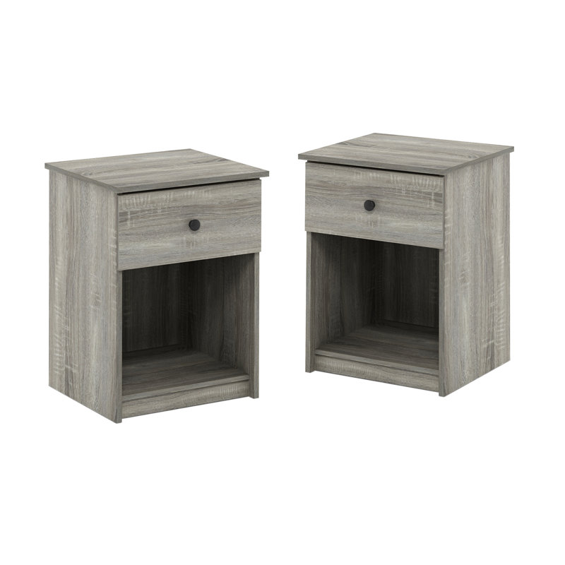 Table de chevet à 1 tiroir, Gris chêne français, Ensemble de 2