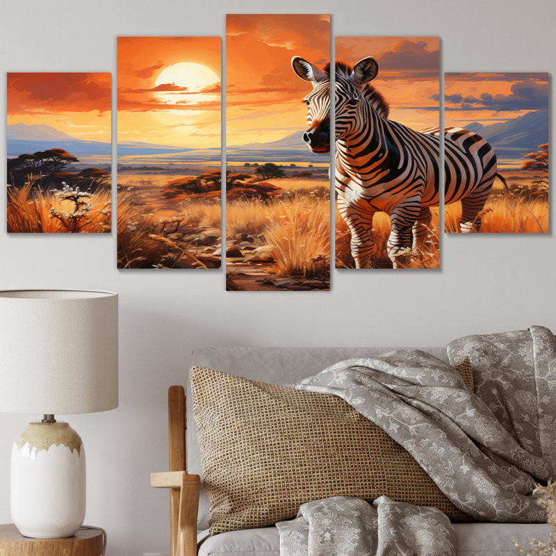 Zèbre sur une vaste prairie II - animaux, reproduction d'art murale - 5 panneaux