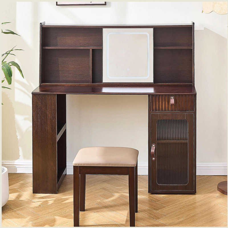 Elegant makeup vanity desk with 3 modes Adjustable Lighted Mirror,modern dressing table set with large shelves, drawer and canbinet,Walnut
