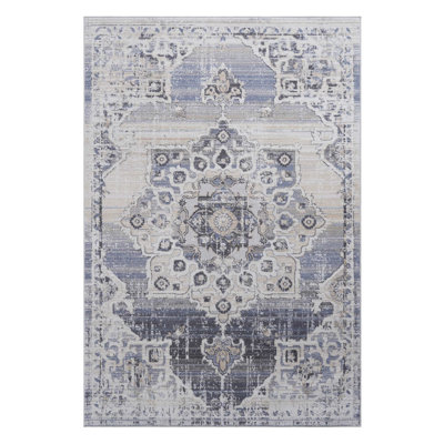 Tapis crème / bleu / médaillon de la collection pour la salle à manger, la salle à manger, le bureau à domicile et le tapis résistant aux taches