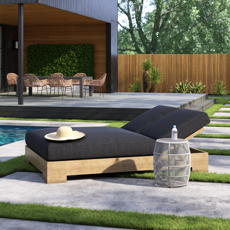 Attwater Double Reclining Teak Chaise Lounge with Cushion