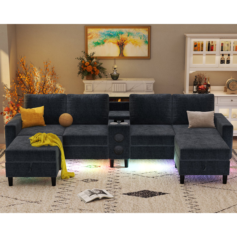 6 Seat U Shaped Chenille Sectional Sofa With Smart Module-Bluetooth Speaker/Rgb Light/Charging Station, Dark Gray