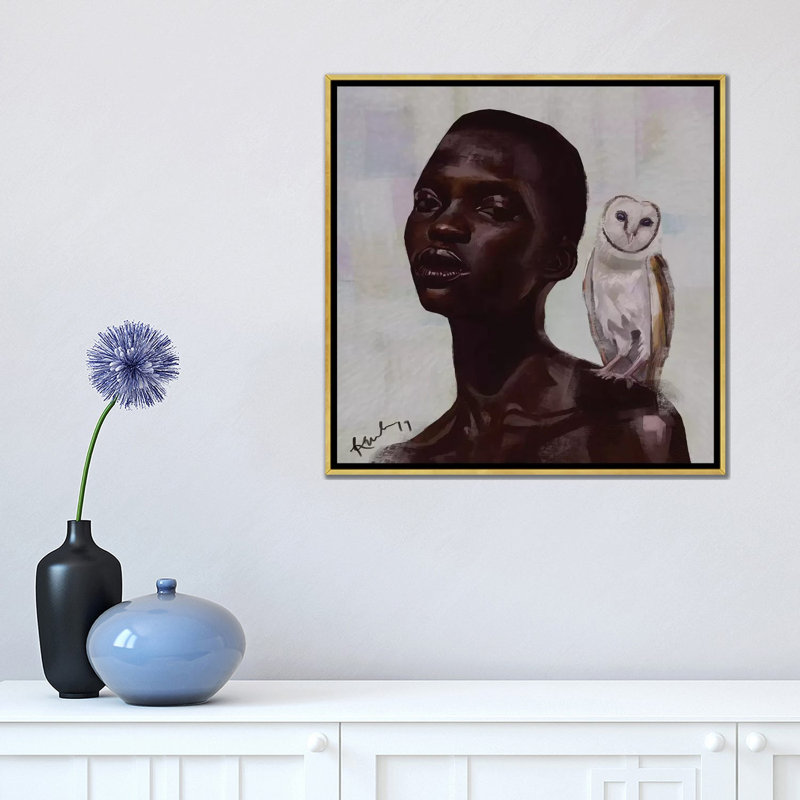 Barn Owl by Adekunle Adeleke - Painting, No Mat, 18'' H x 18'' W x 1.5'' D, Gold Framed Canvas