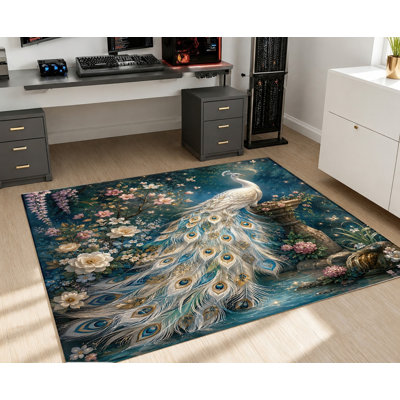 Tapis à motif floral paon blanc majestueux, imprimé rétro élégant, tapis de protection antidérapant doux, décoration intérieure douillette pour le salon, la chambre à coucher, le vestibule, la cuisine, le balcon, l’appartement