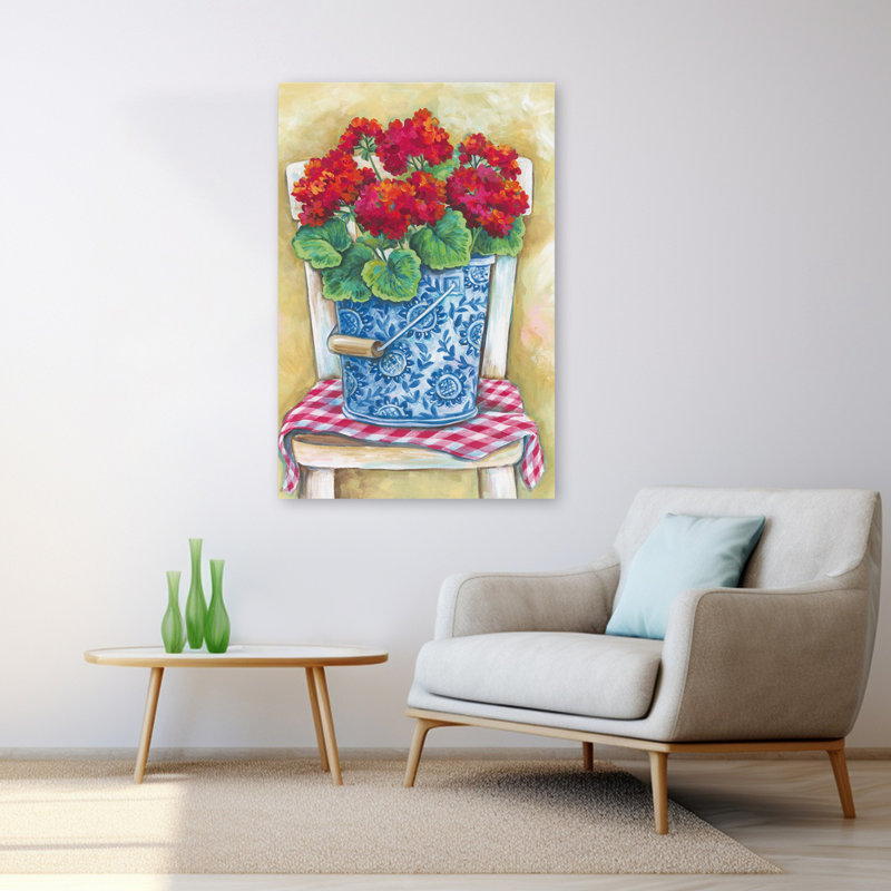 Pail Of Geraniums - Modern Farmhouse Vibrant Flowers Red Geraniums Blue, H 48 po x l 32 po