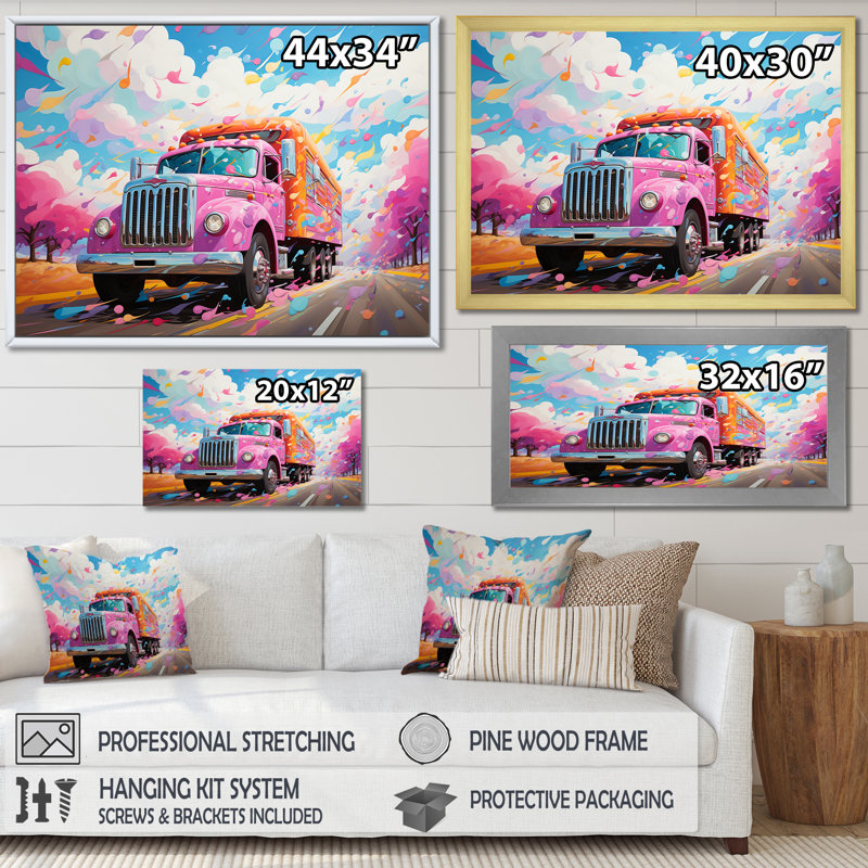 Camion Raimbow rose sur toile, Cadre flottant noir, H 34 po x l 44 po x P 1,5 po