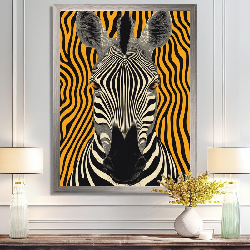 Illusion rythmique zébrée II - Tableau encadré orange, H 44 po x l 34 po, Silver Picture Framed