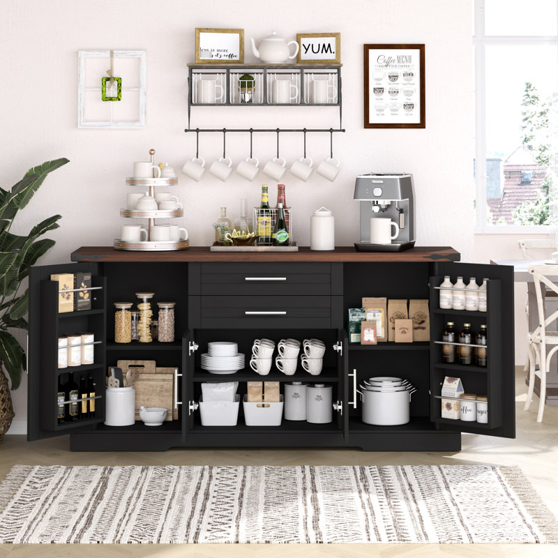 Armoire de 63 po avec 2 tiroirs, support de porte, tablettes réglables pour le salon, buffet, glissières de tiroir lisses, facile à installer, grange noire à 4 portes, cuisine, charnière de haute qualité et coffre-fort