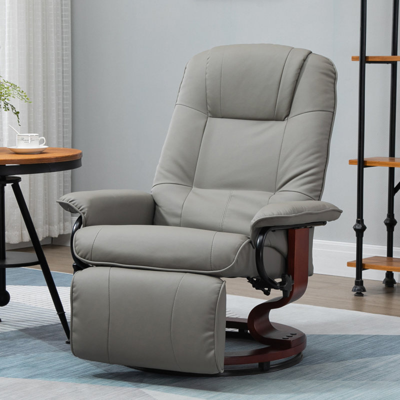 Faux Leather Manual Recliner, Adjustable Swivel Lounge Chair With Footrest, Armrest And Wrapped Wood Base For Living Room