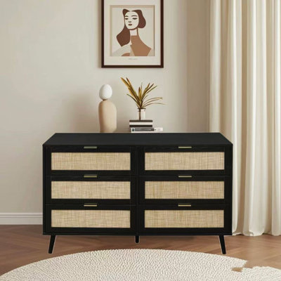 46" Wooden Engineered Rattan Cabinet with 6 Drawer,Accent Dresser Organizer