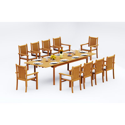 13 Pcs Grade-A Teak Wood Dining Set: 118" Double Extension Rectangle Table And 12 Cahyo Stacking Arm Chairs #11CH2412