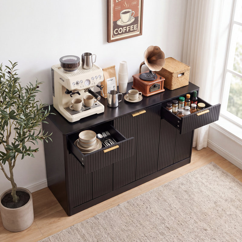 Buffet cannelé l 67 po avec 6 portes et 2 tiroirs, Noir