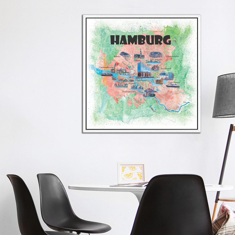 Hamburg Germany Illustrated Map 1 Piece Painting on Canvas, 93.98cm H x 93.98cm W x 3.81cm D, White Floater Framed