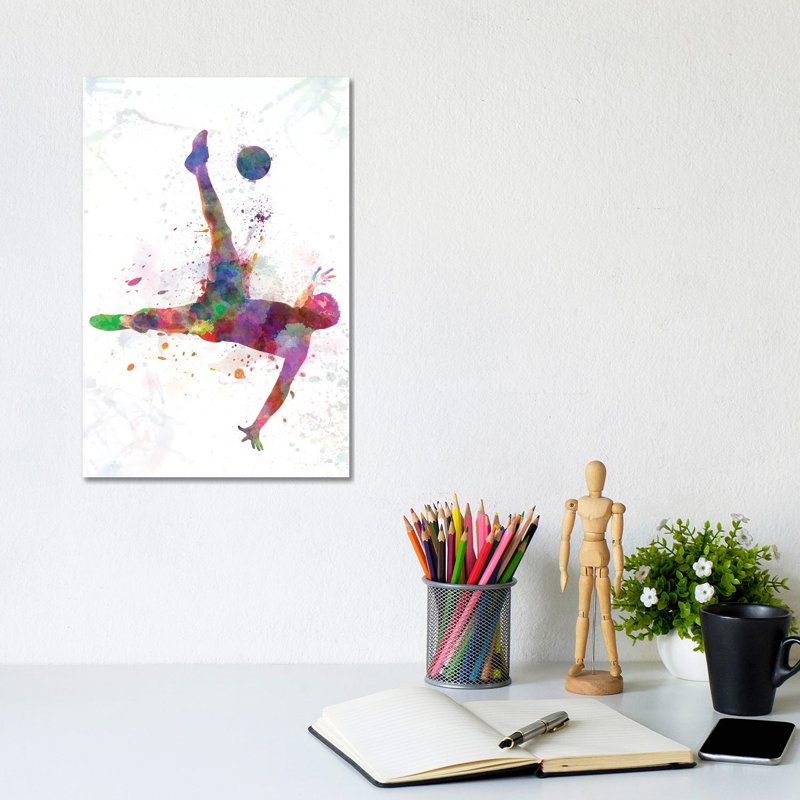 Man Soccer Football Player Flying Kicking IV by Paul Rommer - Wrapped Canvas Painting, 20.32 cm H x 30.48 cm W