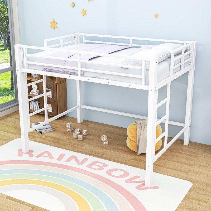 Metal Loft Bed with Dual Ladders and Slats,Guardrails, Queen