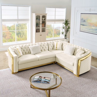 Ensemble de canapé modulaire en L 106 pouces avec accents en acier inoxydable doré, canapé capitonné à boutons en velours avec 5 coussins de luxe pour le salon