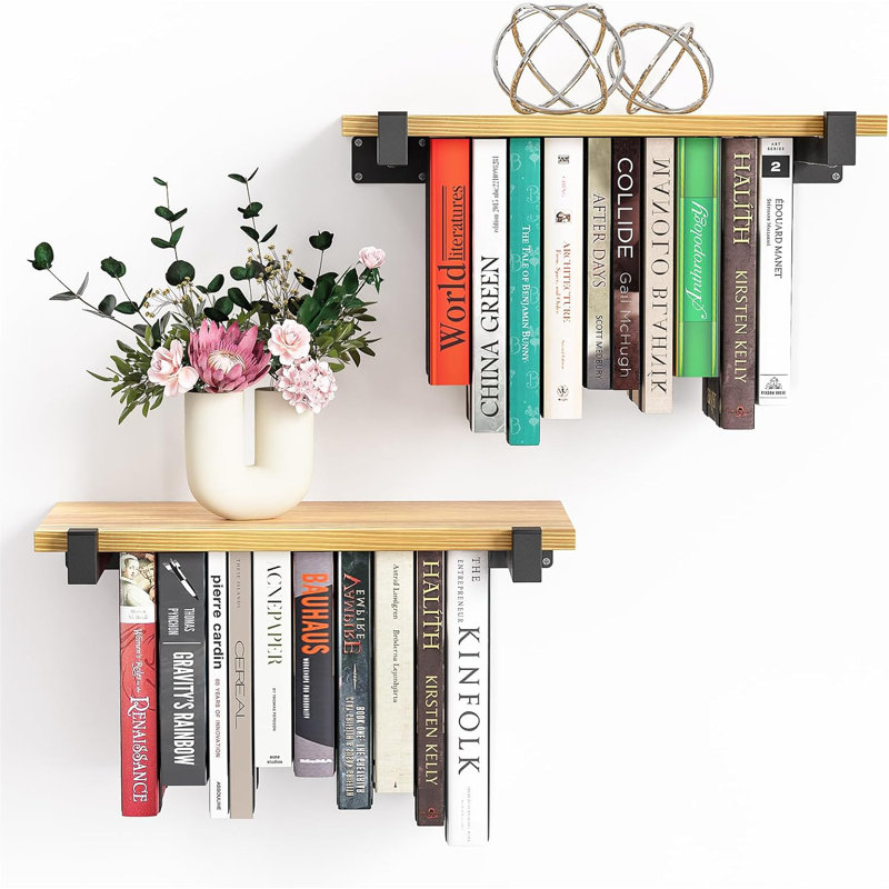2 Set Of Floating Bookshelf, Pine Wood Invisible Bookshelf, Hanging Bookshelves For Wall, Unique Space Saving Wall Bookcase