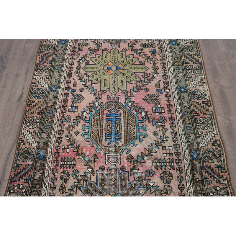 Tapis de couloir élégant en laine beige, motif géométrique 1,5 x 5,0 pi