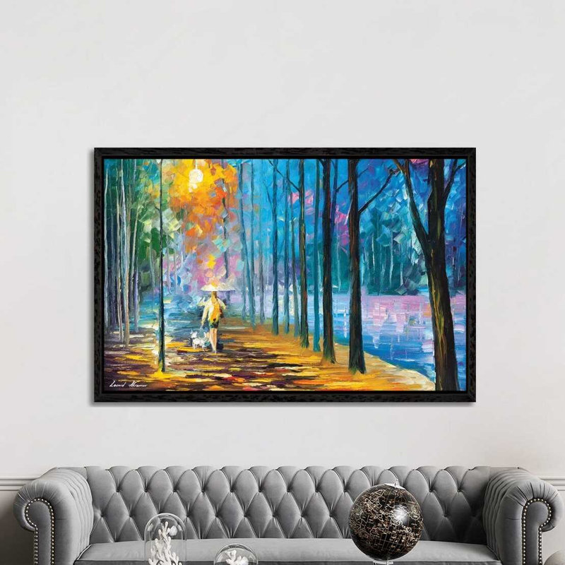 Walking My Dog by Leonid Afremov - Painting on Canvas, 101.6 cm H x 66.04 cm W, Black Framed Canvas