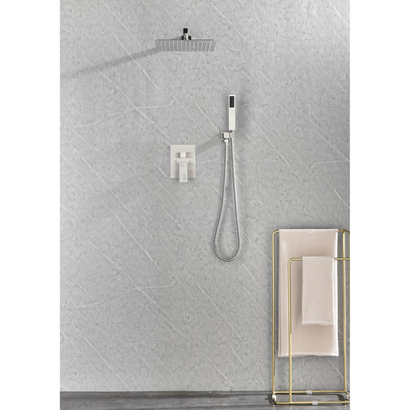 Brushed Nickel Shower Assembly With Head, Hand Shower, Hose, Valve Trim, Lever Handles And Niche. . Yields Natural Rainfall Shower. Self-cleaning Nozzle. Aligns American Standard Pipe Connections