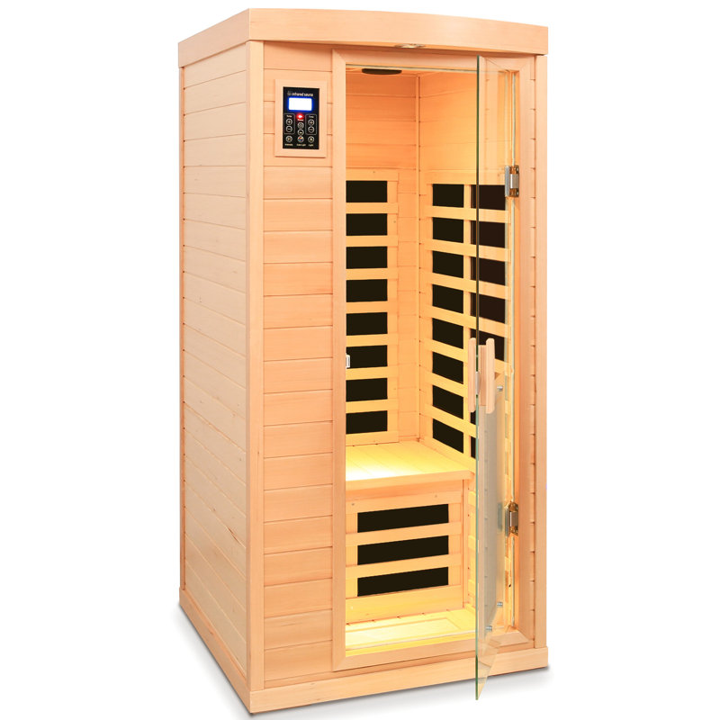 Chauffage infrarouge lointain pour une personne, intérieur, basse température, en bois de pruche, 8 panneaux chauffants, audio, commandes tactiles, protection contre la surchauffe et affichage en degrés Celsius.