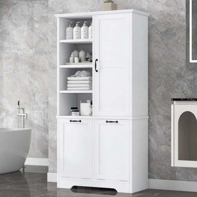 Armoire de rangement de salle de bain avec portes et tiroirs, panier à linge inclinable, plusieurs espaces de rangement