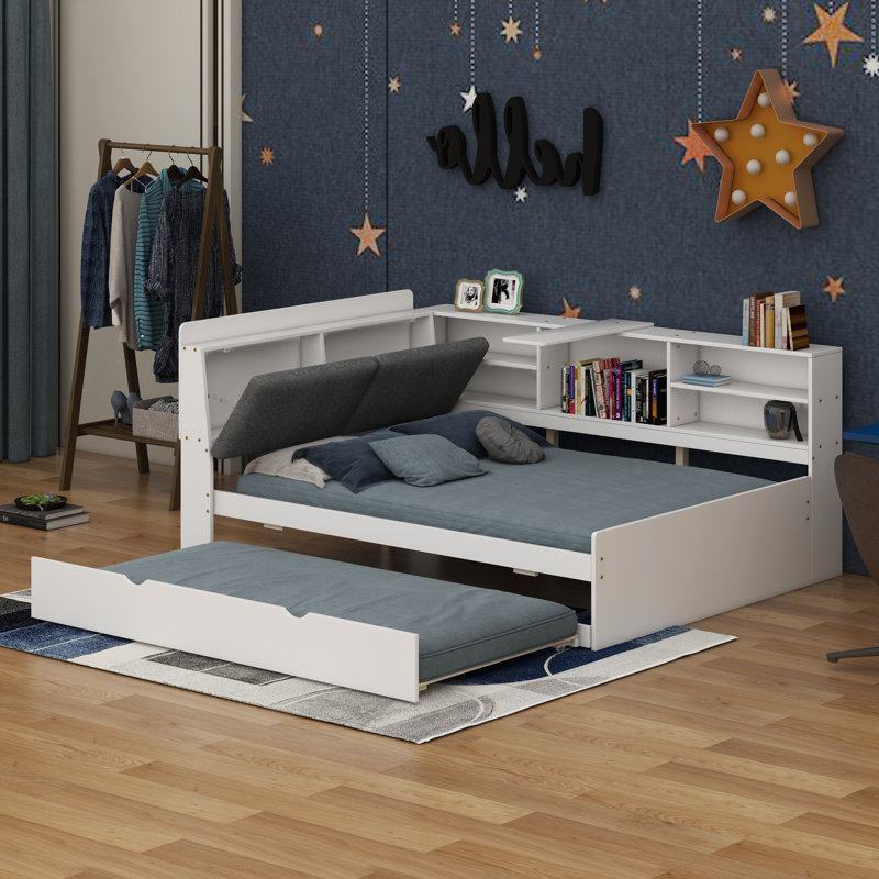 Space-Saving Full Size Wooden Platform Bed: Trundle, Shelves, Storage Headboard (Modern Daybed), White
