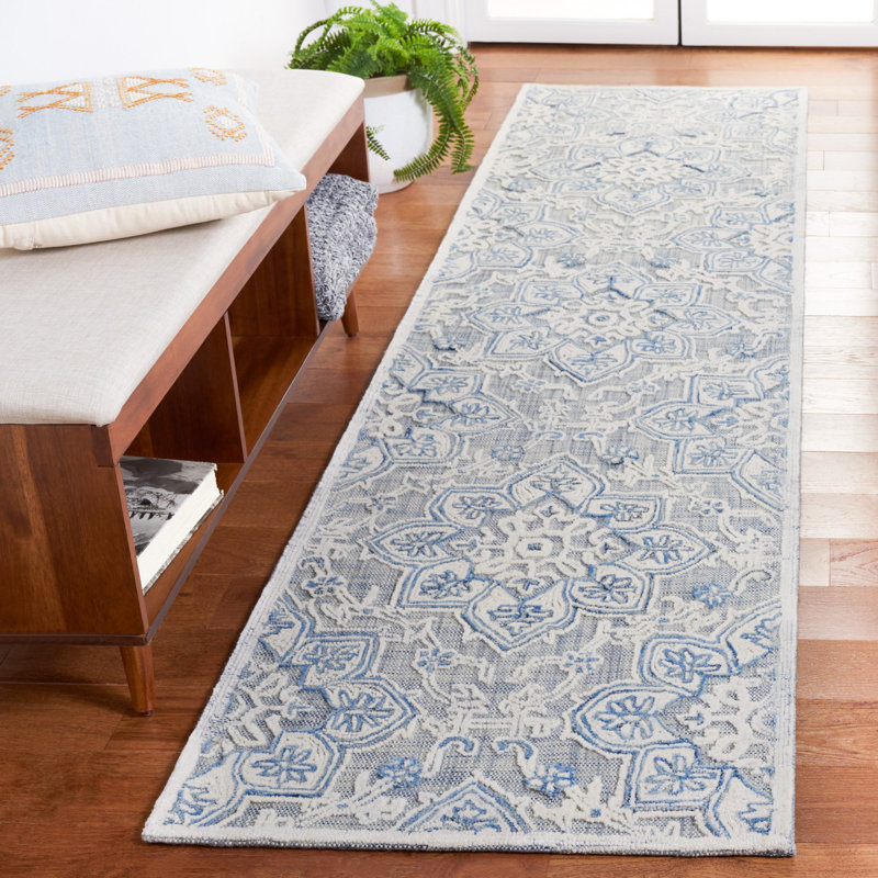 Trace Hand Tufted Wool Cotton with Latex Oriental Rug in Blue/Ivory, Runner 2'3" x 9'