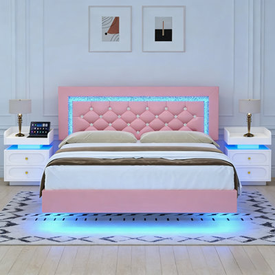 Modern LED Bedroom Furniture Set – Floating Bed & 2 LED Nightstands with Charging Station