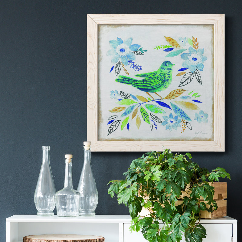 Oiseau Chanteur I - peinture sur toile encadrée, H 20 po x l 20 po x P 1,5 po, Cadre blanc
